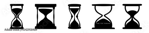 Five different hourglass designs in silhouette representing the passage of time