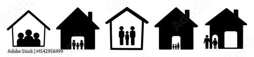 Black and white vector illustration depicting family safety at home, icons