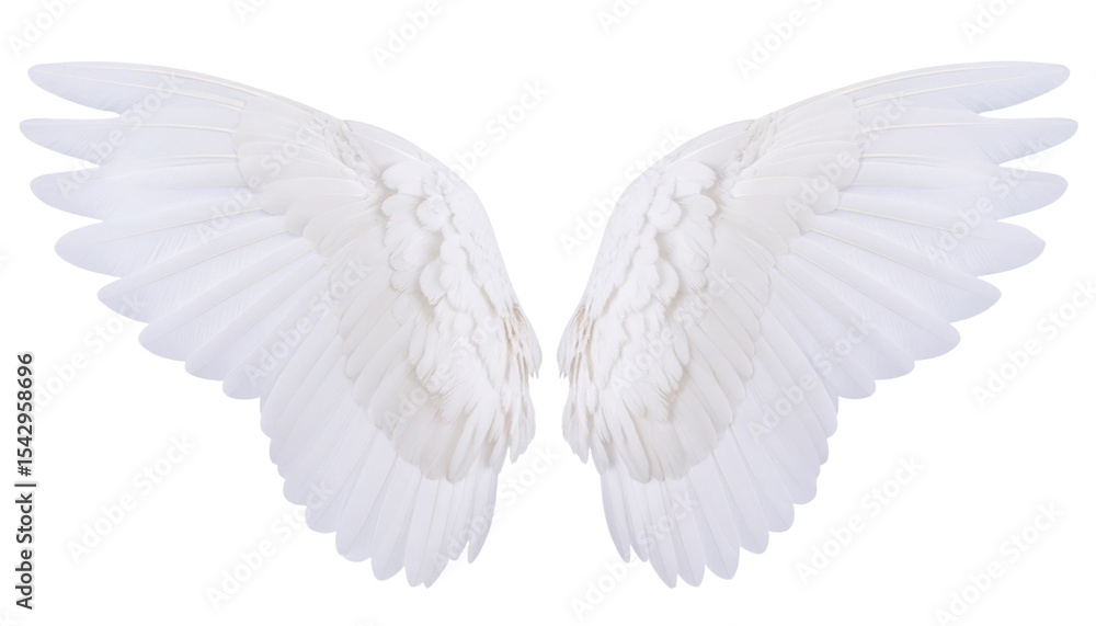 Fototapeta premium Pair of large, white bird wings with detailed feathers spread symmetrically.