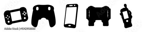 Black and white silhouettes of various technological devices and hand held objects