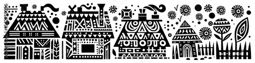 Hand‑Drawn House and Chimney Illustration, Tribal Traditional Folk Art Pattern Vector for Heritage and Countryside Adventure Themes Design