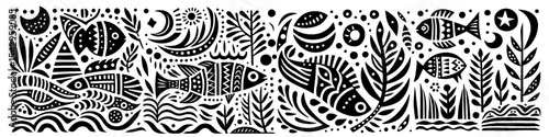 Hand‑Drawn River Fish Illustration, Tribal Aquatic Folk Art Pattern Vector for Nature and Freshwater Adventure Themes Design