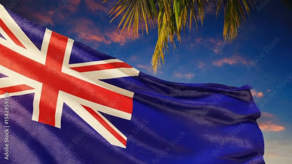 Australian flag waving in the breeze with palm trees in the background. The scene captures a sunny day, symbolizing national pride and outdoor leisure..