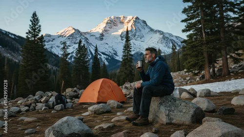 A man sits enjoying a drink amidst a snowy mountain landscape, near a campsite