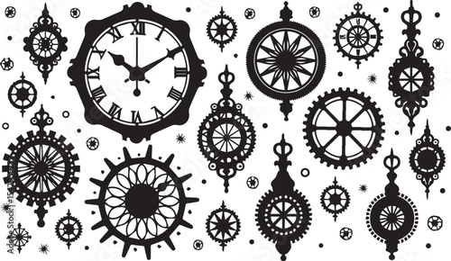 Time Icons, Designed silhouettes showcasing a mesmerizing array of clocks and gears