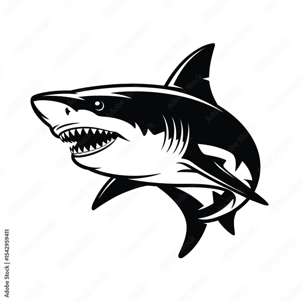 Fototapeta premium Black And White Graphic Of A Shark Swimming monochrome 1