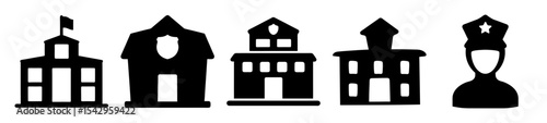 Silhouette icons representing government buildings, police stations and a police officer