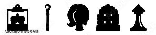 A compilation of five black silhouette icons featuring various objects