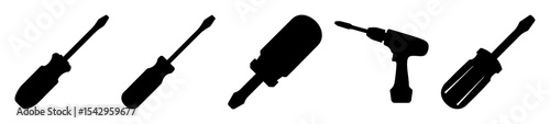Black silhouette of various types of screwdrivers and a power drill