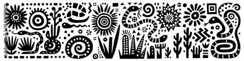 Hand‑Drawn Snakes Illustration, Tribal Jungle Folk Art Pattern Vector for Wildlife and Mythical Adventure Themes Design