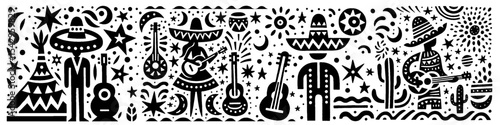 Hand‑Drawn Sombrero and Guitar Illustration, Tribal Festive Folk Art Pattern Vector for Music and Culture Adventure Themes Design