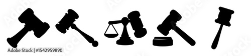 Silhouette of legal symbols including gavel, scales of justice, and judgment