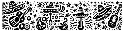 Hand‑Drawn Sombrero and Guitar Illustration, Tribal Mexican Folk Art Pattern Vector for Culture and Music Adventure Themes Design