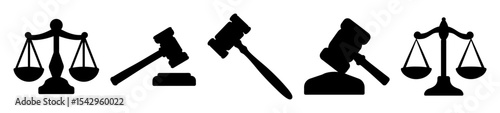 Symbols of law and justice including scales and gavel icons set