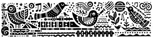 Hand‑Drawn Bird Singing Illustration, Tribal Wildlife Folk Art Pattern Vector for Nature and Music Adventure Themes Design