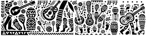 Hand‑Drawn Guitar and Maracas Illustration, Tribal Mexican Folk Art Pattern Vector for Music and Fiesta Adventure Themes Design