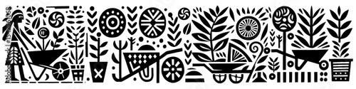 Hand‑Drawn Gardening Illustration, Tribal Nature Folk Art Pattern Vector for Horticulture and Outdoor Activity Themes Design