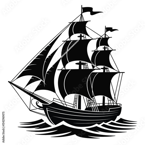 Black And White Sailing Ship Graphic Three Masts Ocean Waves boat vessel 2