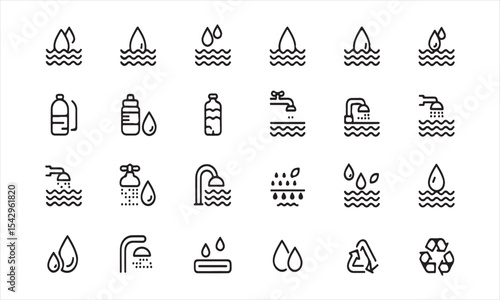 Water icons collection drops taps bottles and recycling