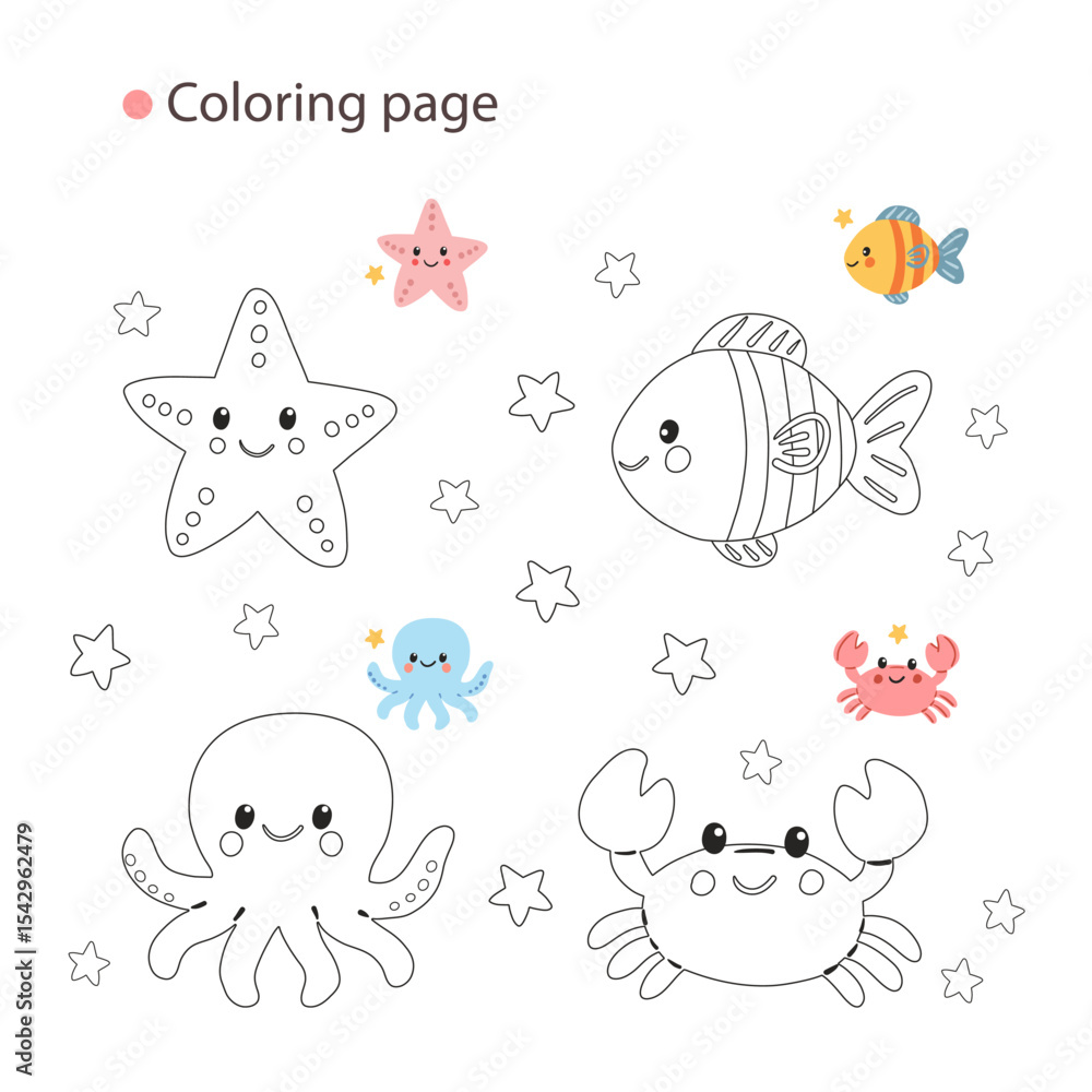 Fototapeta premium Summer ocean-themed coloring page with cute smiling sea creatures – fish, crab, dolphin, and starfish – with color examples for children's activities.