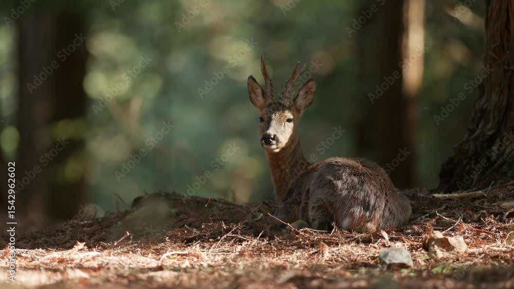 Static shot of a red deer laying down in an evergreen forest in the shade of a tree Static shot of a red deer laying down in an evergreen forest in the shade of a tree