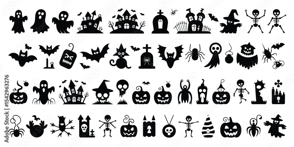 Naklejka premium Black Halloween Silhouettes Collection Spooky Ghosts Bats Pumpkins Skeletons Witch vector