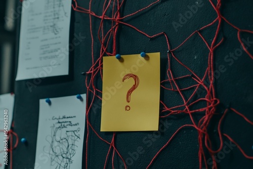 Question Mark On Yellow Note Attached To Dark Wall With Red Strings
