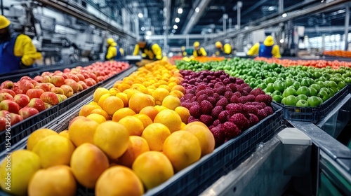 Fototapeta Naklejka Na Ścianę i Meble -  Fruits Production Line: In this scene, an automated factory line diligently sorts a colorful variety of fruits, showcasing the efficiency of modern food production.
