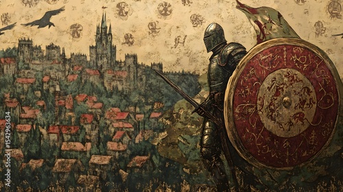A knight with a shield defending a small village again