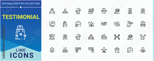 Testimonial icon set. Includes thin line symbols happy, review, like, feedback and more. Satisfaction icon set. Simple line vector icons. Editable stroke. Pixel Perfect.