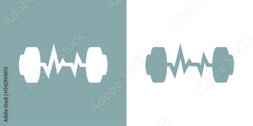 Logo Fitness Center. Mancuerna para entrenamiento en gimnasio con pulso o latido del corazón