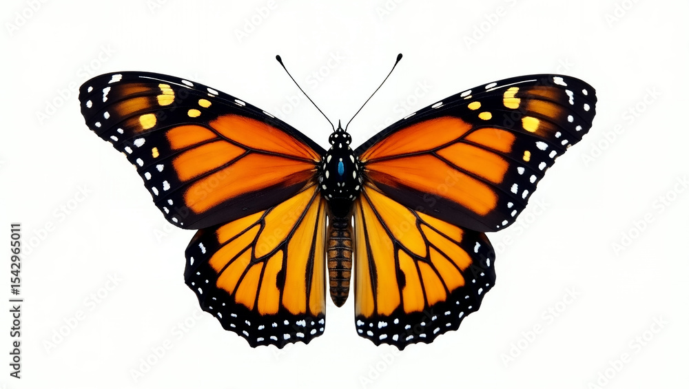 Fototapeta premium Ultra-High-Resolution Stock Photo of a Majestically Posed Monarch Butterfly with Open Wings, Displaying Vibrant Orange, Black, and White Patterns, Isolated on a Pure White Background, Ideal for Nature