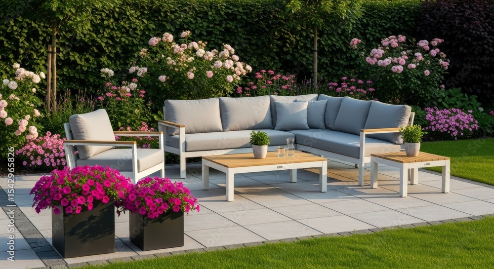 Obraz premium A spacious sectional sofa with plush cushions on a terrace, offering a view of a well-kept garden path.