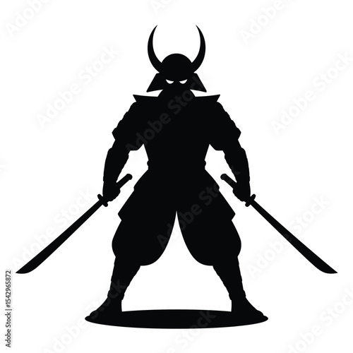 Black Silhouette Samurai Warrior Holding Two Swords vector