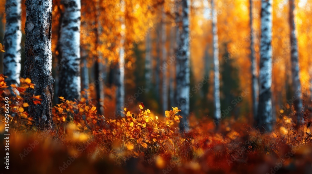 This serene landscape image depicts a tranquil autumn forest, bathed in golden sunlight, showcasing the beauty of nature’s changing colors and seasonal transition.