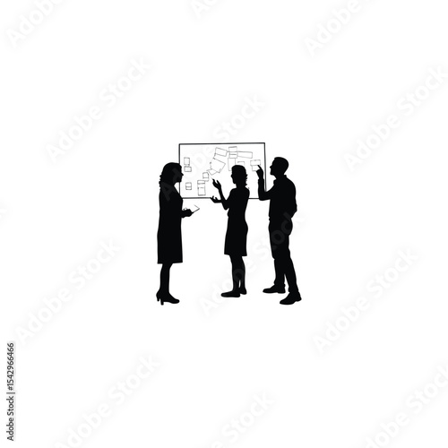 Silhouette of a group discussing ideas around a whiteboard on white background