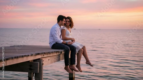 Couple sits on a wooden pier at sunset