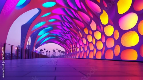 Colorful illuminated architectural structure at dusk with palm trees in the background