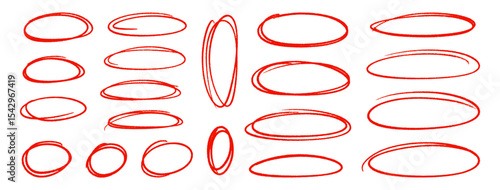 Crayon red outline ovals or ellipses set. Pencil hand drawn emphasis elements, freehand line art frames. Doodle style chalk sketches, round shapes on white background. Vector illustration