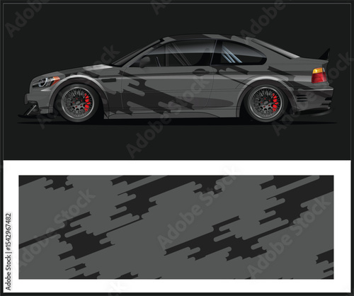 Gray Sports Car with Abstract Camouflage Design and Pattern