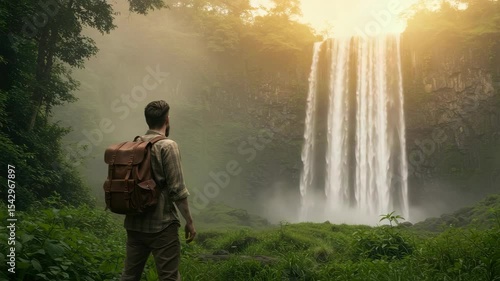 A hiker stands in awe before a misty waterfall cascading down a rocky cliff face, surrounded by lush, verdant jungle foliage