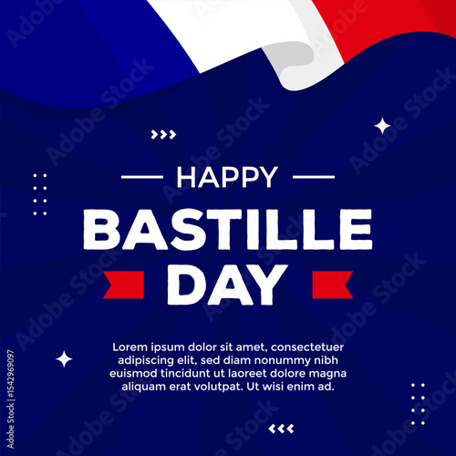 Bastille Day greeting with wavy France flag on dark background suitable for social media post, promotion, advertisement, and campaign about Bastille Day celebrate on July 14