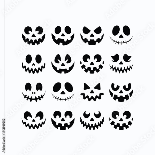 Fifteen Black Halloween Jack O Lantern Faces White Background jackolantern