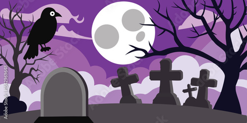 An eerie halloween night scene featuring a crow perched on a tree in a graveyard under a full moon