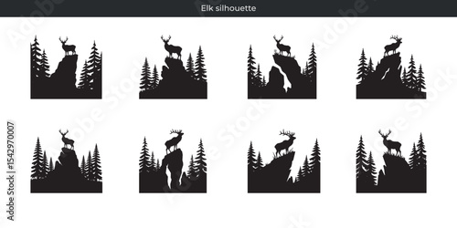 A collection of eight silhouetted elk designs featuring forests and mountainous landscapes