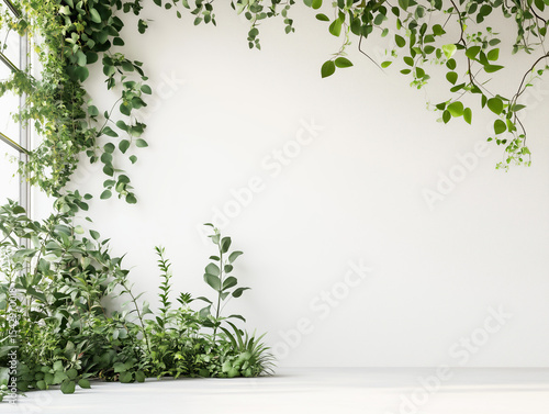 a frame of green plants on a white wall background