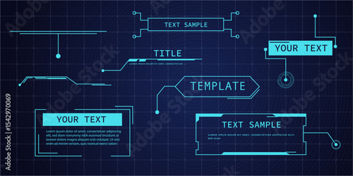 Callout title box blue digital HUD screen layout with textbox frames and futuristic elements. Ideal for sci-fi games, technology presentations, or cyber displays
