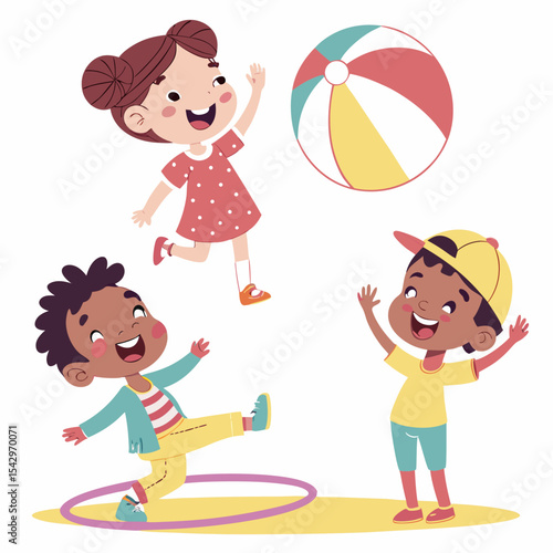 Happy Diverse Children Playing Outdoors with Beach Ball and Hula Hoop