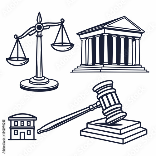 Legal System Symbols Scales of Justice Gavel Courthouse and Building Illustration
