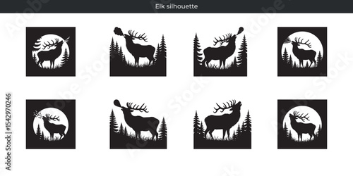 Elegant black and white elk silhouettes showcasing majestic elk in natural forest scenes